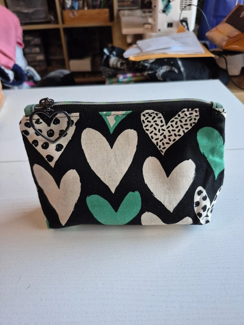 Black & teal heart Canvas Cosmetic Bag w/ black nickel Heart-Shaped Zipper Pull